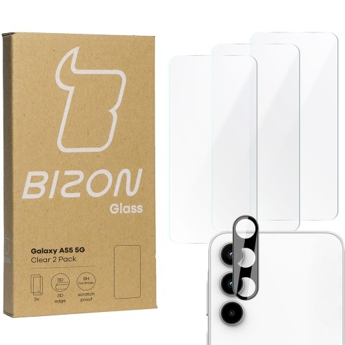Image of 3x Szkło + szybka na aparat BIZON Clear 2 Pack do Galaxy A55 5G