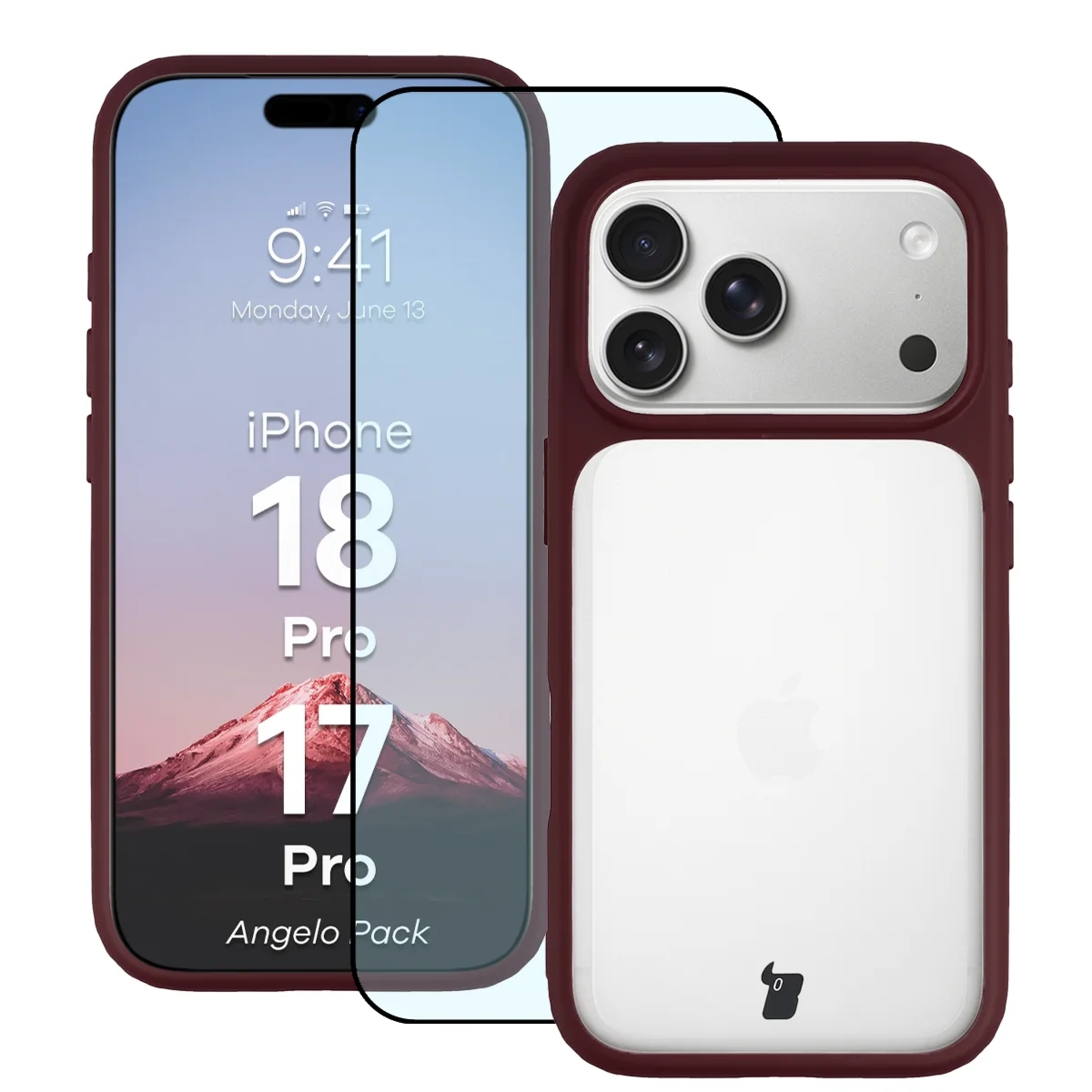Etui + szkło hartowane Bizon Angelo Pack do iPhone 18 Pro / 17 Pro, półprzezroczyste z burgundową ramką