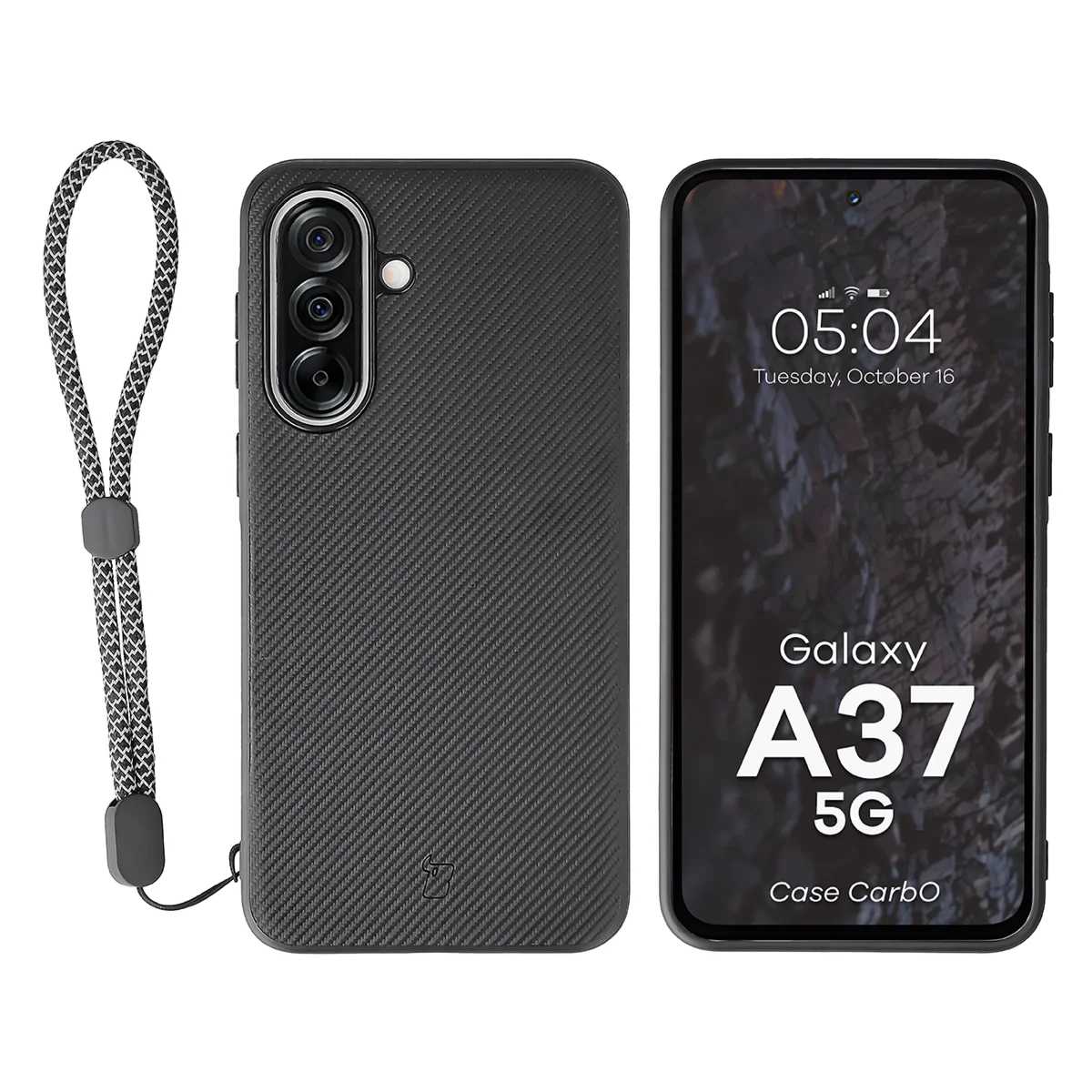 Etui ze smyczką na nadgarstek i pierścieniem magnetycznym Bizon Case CarbO do Galaxy A37 5G, czarne