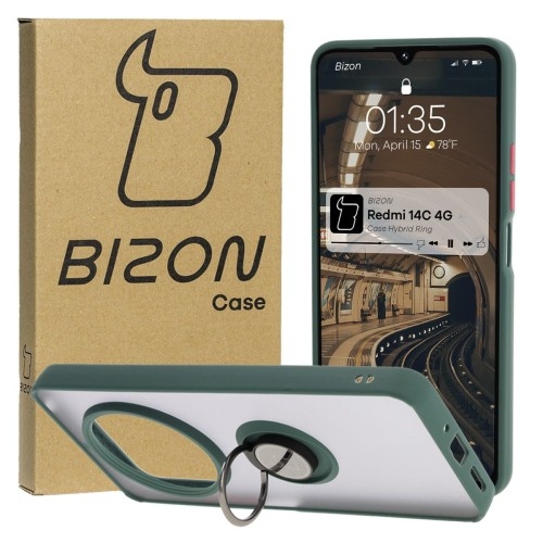 Image of Etui z uchwytem na palec Bizon Case Hybrid Ring do Xiaomi Redmi 14C 4G / POCO C75, przydymione z ciemnozieloną ramką