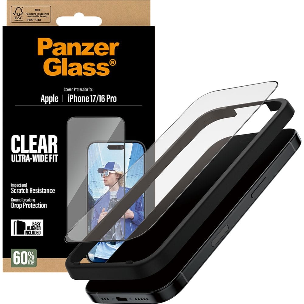 Szkło hartowane z aplikatorem PanzerGlass Ultra-Wide Fit do iPhone 17 / 16 Pro, przezroczyste z czarną ramką