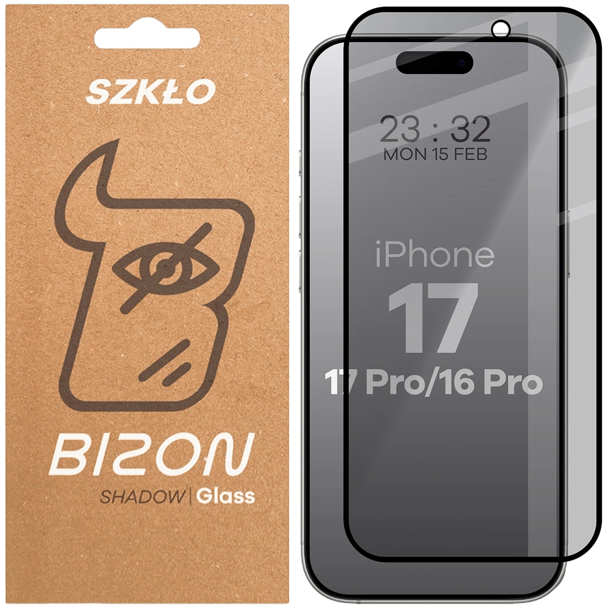 Prywatyzujące szkło hartowane Bizon Glass Edge Shadow do iPhone 16 Pro / 17 / 17 Pro, przyciemniane z czarną ramką