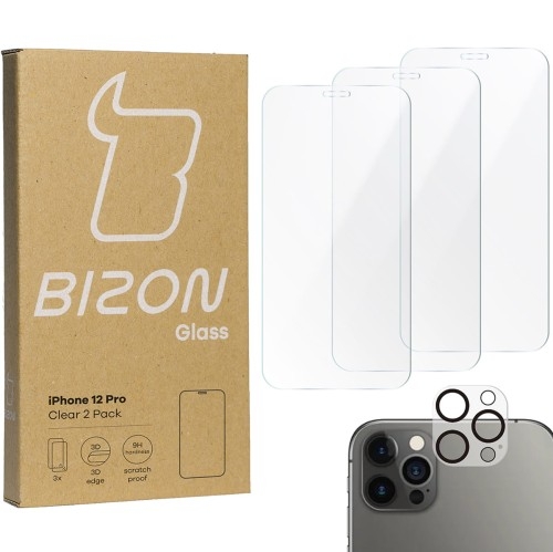 Image of 3x Szkło + szybka na aparat BIZON Clear 2 Pack do iPhone 12 Pro