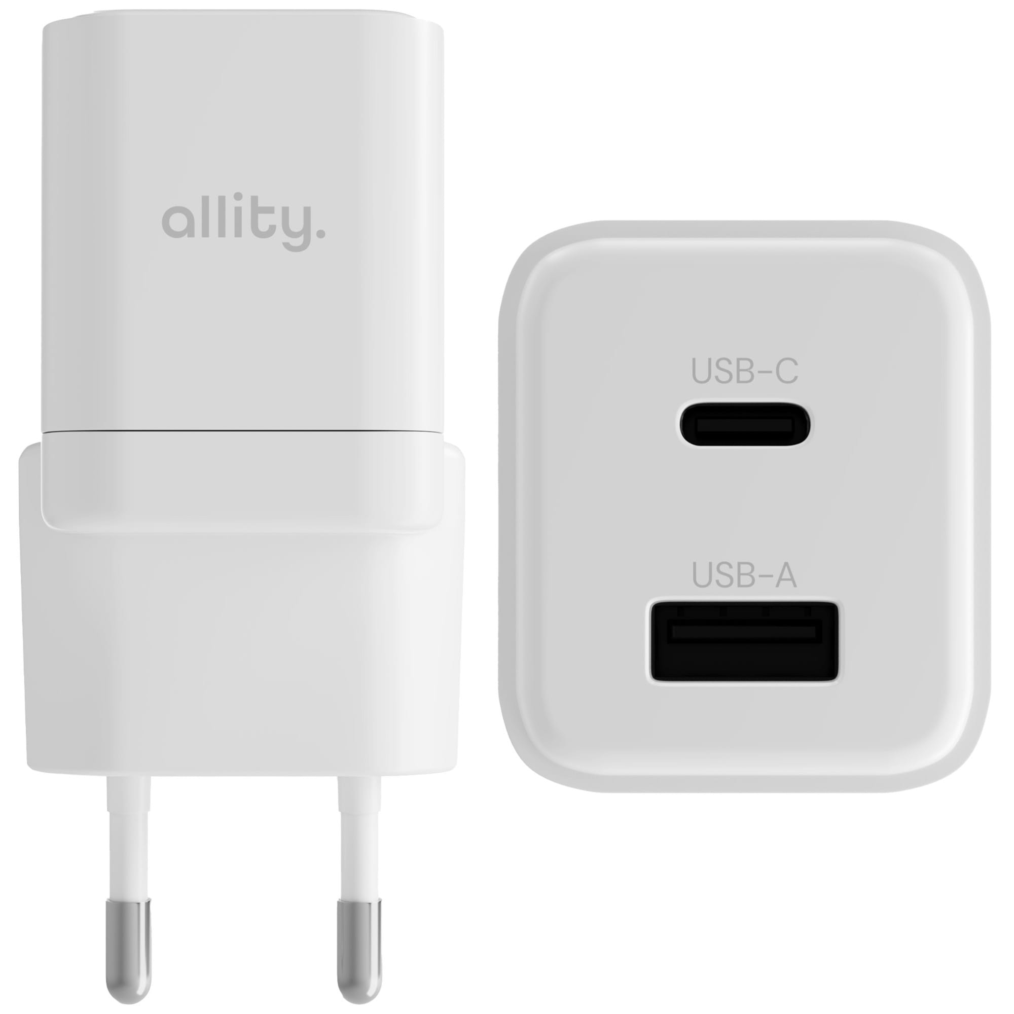 Ładowarka sieciowa GaN USB-C PD, USB-A QC, 20W, Allity ATC-01-20WAC, biała