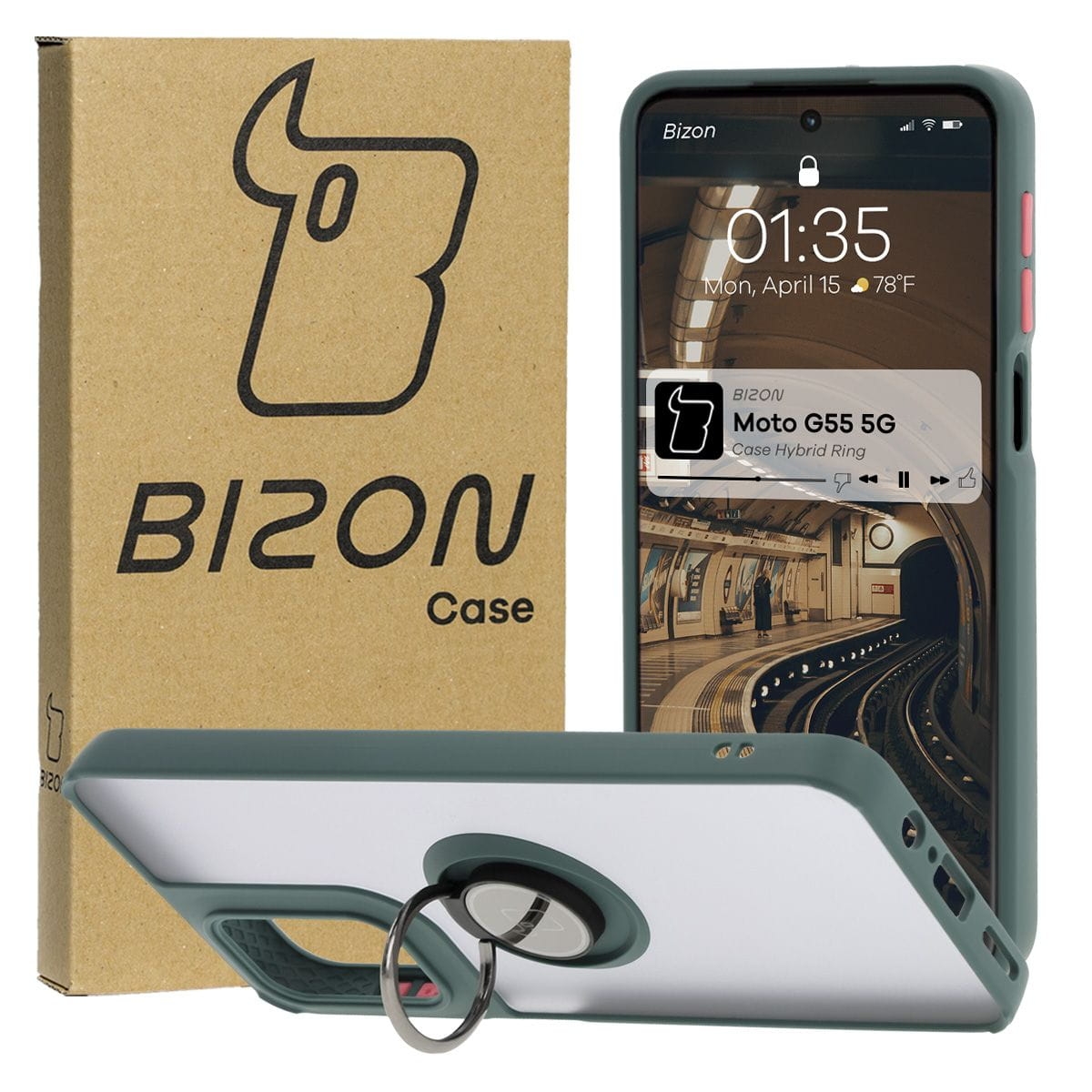 Image of Etui z uchwytem na palec Bizon Case Hybrid Ring do Motorola Moto G55 5G, przydymione z ciemnozieloną ramką