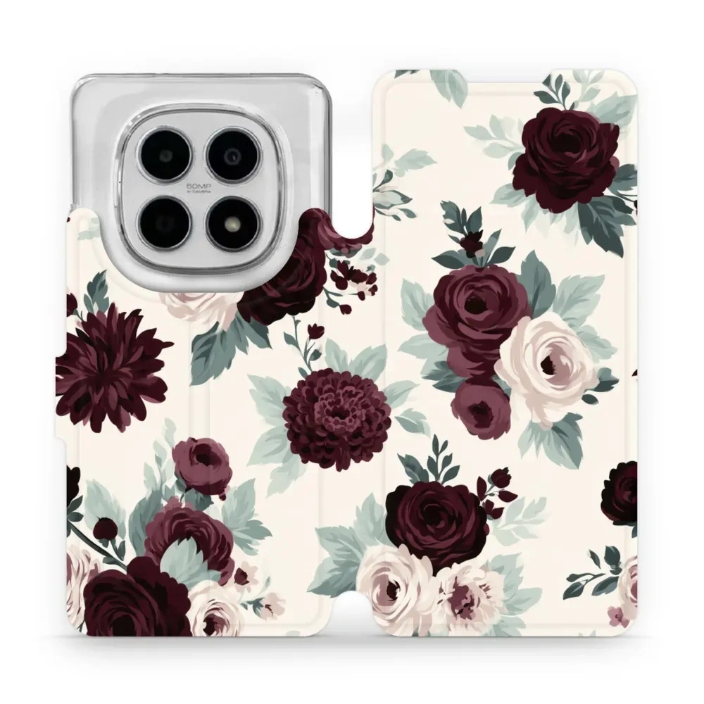 Etui z klapką do Xiaomi POCO M8 5G, Mobiwear Book, róże z szałwią na kremie