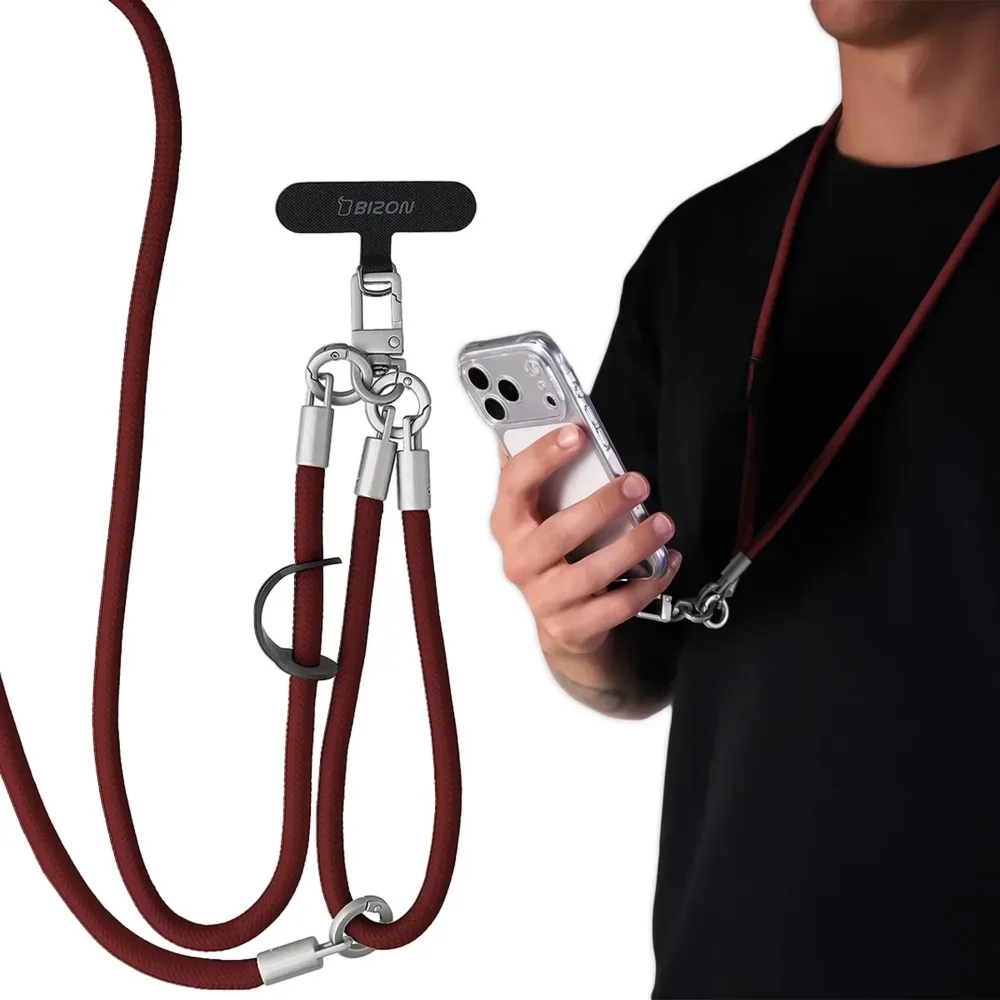 Uniwersalna smycz do telefonu na nadgarstek, szyję i ramię Bizon Accessories ReLoop, burgundowa