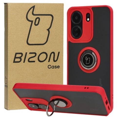 Image of Etui z uchwytem na palec Bizon Case Hybrid Ring do Xiaomi Redmi 13C / Xiaomi Poco C65, przydymione z czerwoną ramką