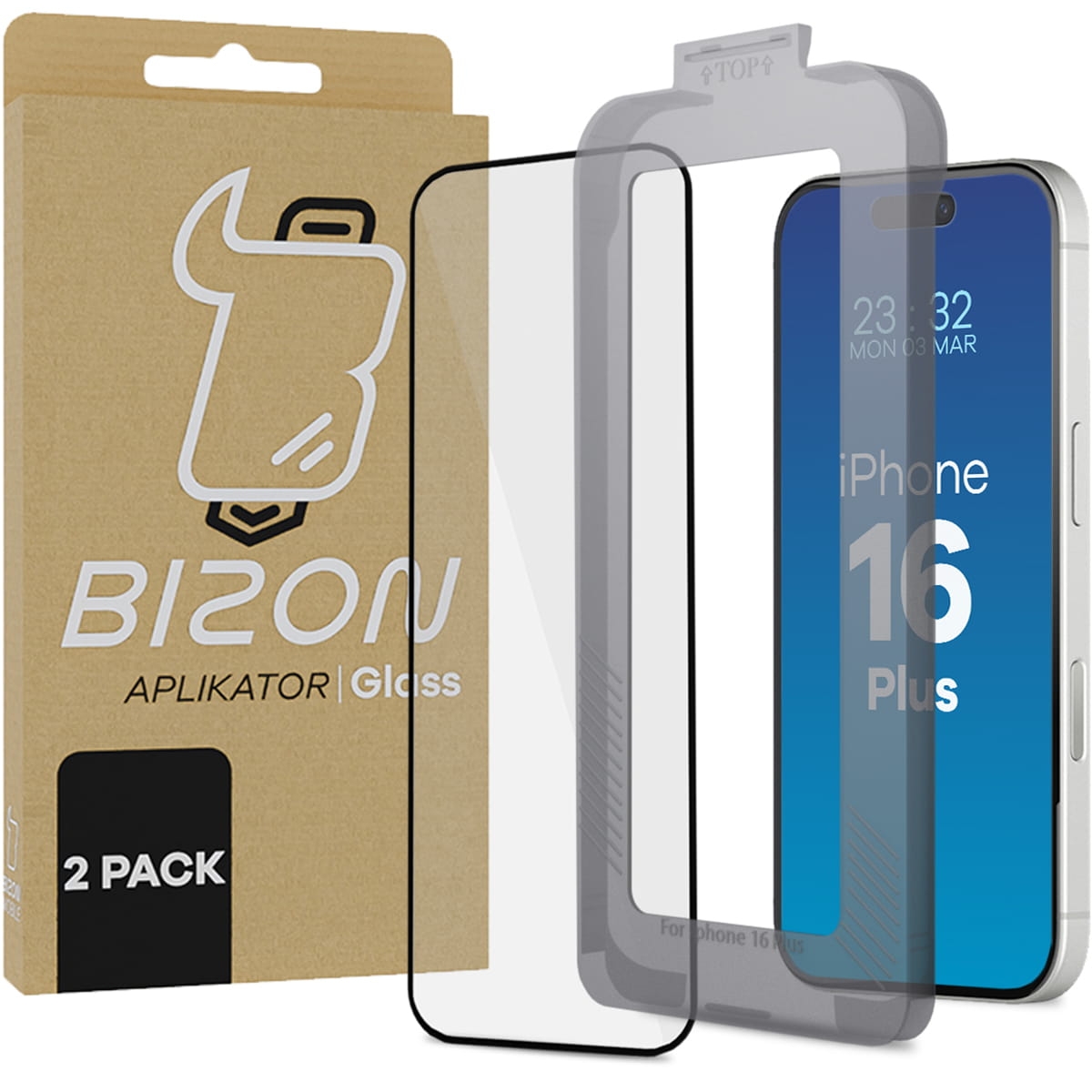 Image of Szkło hartowane z ramką do łatwej aplikacji Bizon Glass Aplikator do iPhone 16 Plus, 2 sztuki