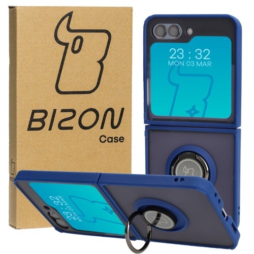 Image of Etui z uchwytem na palec Bizon Case Hybrid Ring do Galaxy Z Flip5, przydymione z granatową ramką