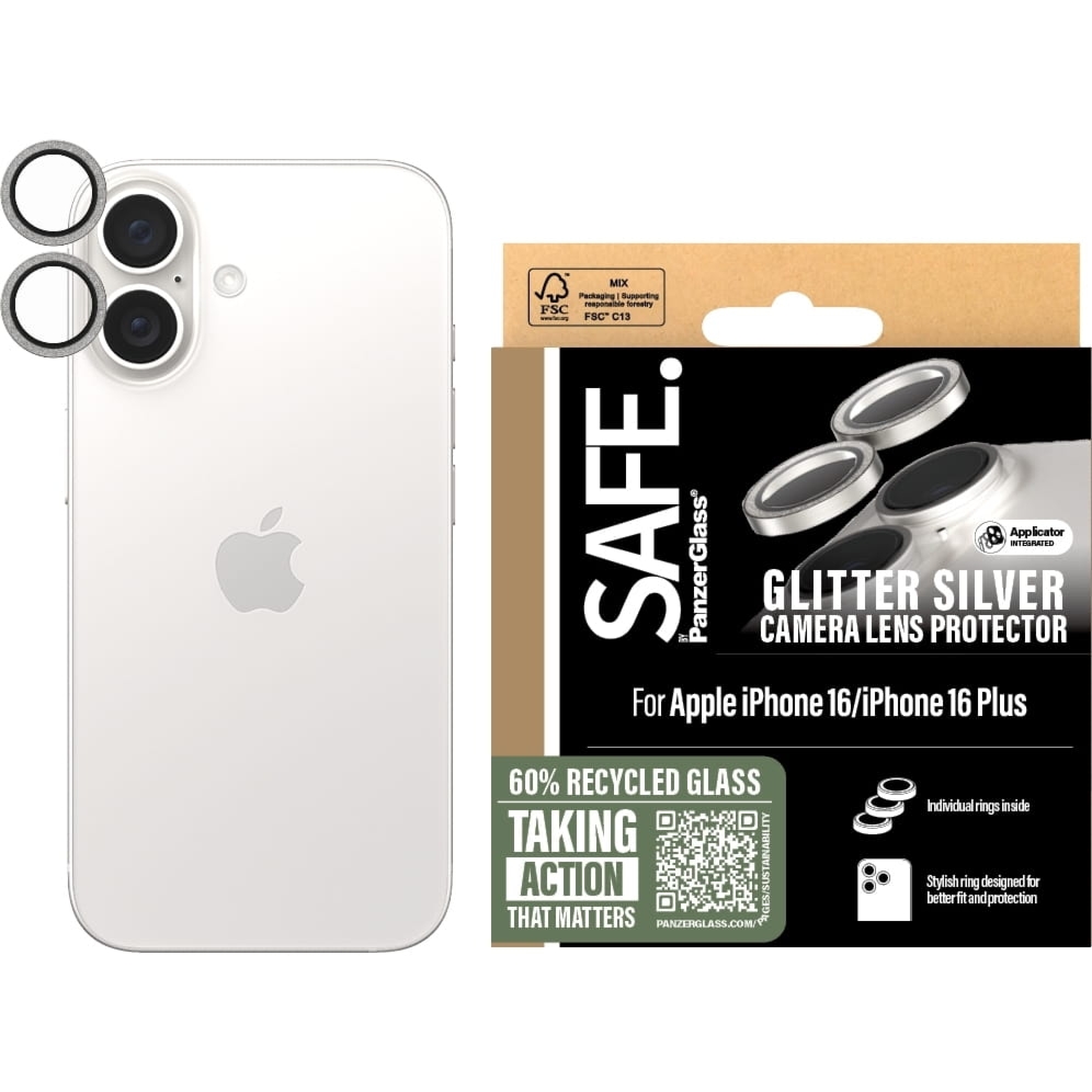 Szkło hartowane na aparat Safe by PanzerGlass Camera Lens Protector  do iPhone 16 / 16 Plus,  brokatowe-srebrne