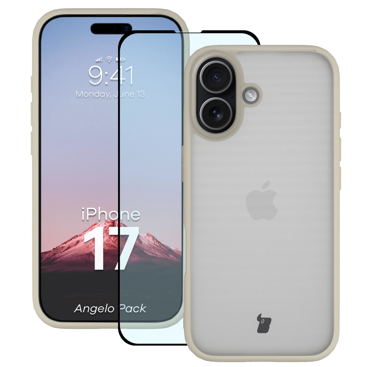 Etui + szkło hartowane Bizon Angelo Pack do iPhone 17, półprzezroczyste z beżową ramką