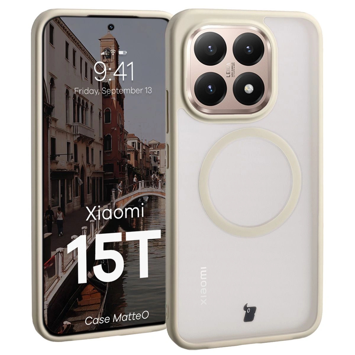 Etui z pierścieniem magnetycznym Bizon Case MatteO do Xiaomi 15T, przydymione-beżowe