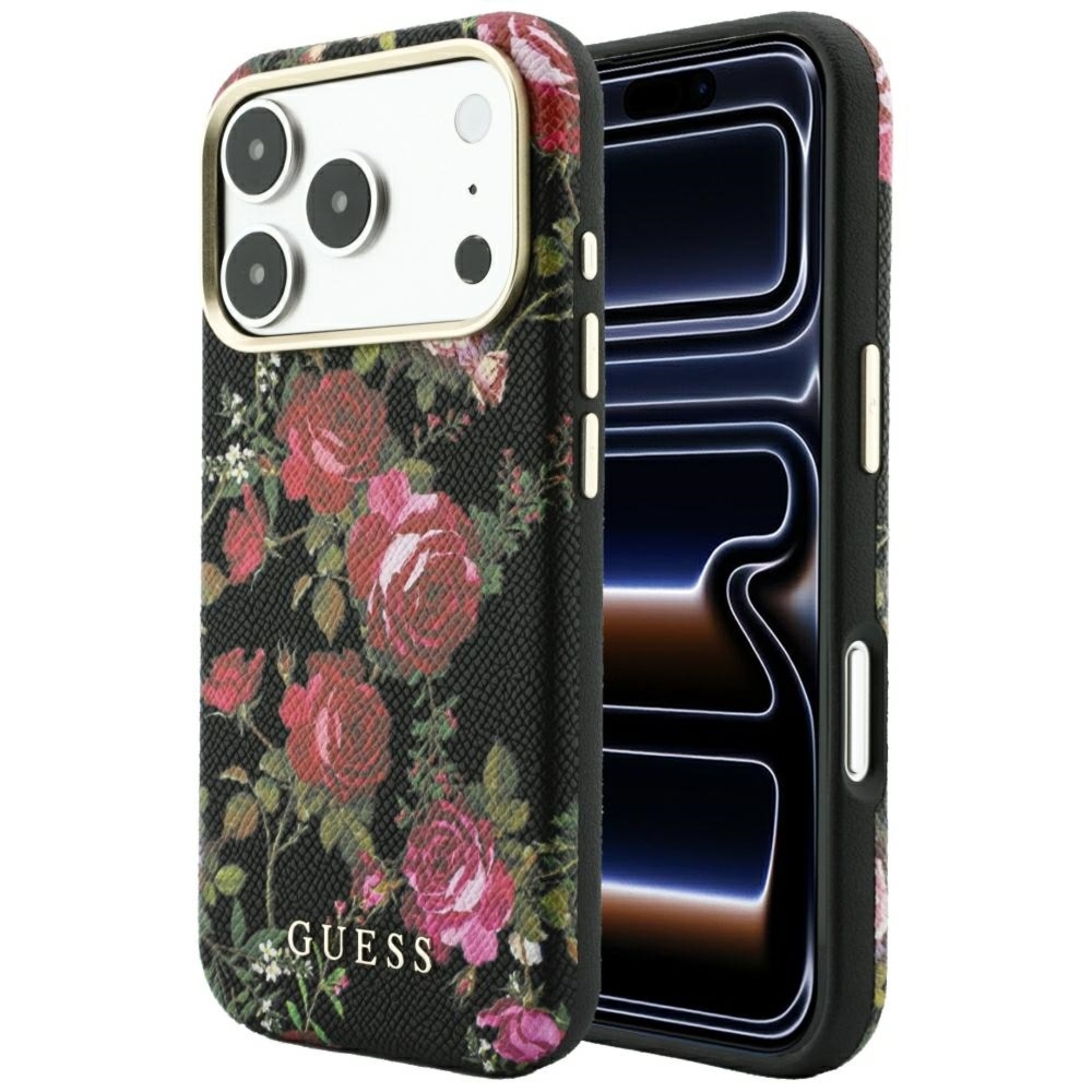 Etui Guess Blossom Roses Print MagSafe do iPhone 18 Pro Max / 17 Pro Max, czarne z motywem kwiatów