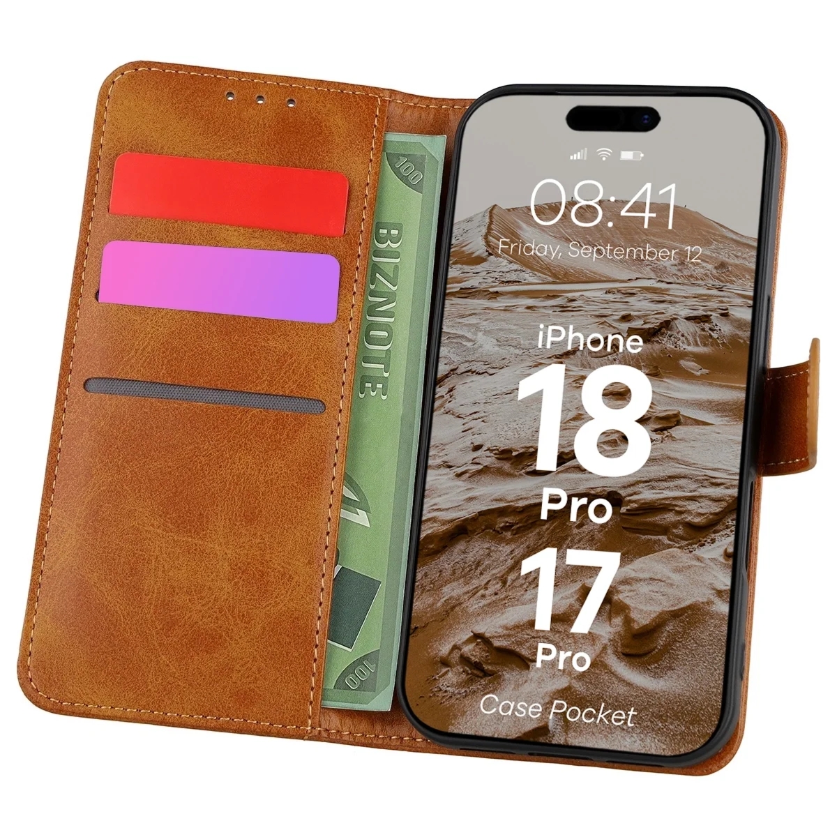 Etui z klapką Bizon Case Pocket do iPhone 18 Pro / 17 Pro, brązowe