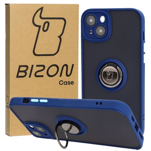 Image of Etui z uchwytem na palec Bizon Case Hybrid Ring do iPhone 15 Plus, przydymione z granatową ramką