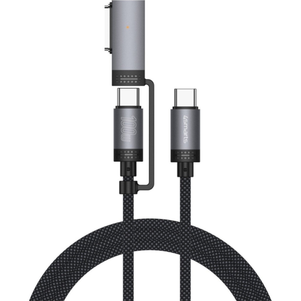 Kabel USB-C – USB-C + MagSafe, 4smarts Explorer ComboCord, 100 W, 2 m, czarny