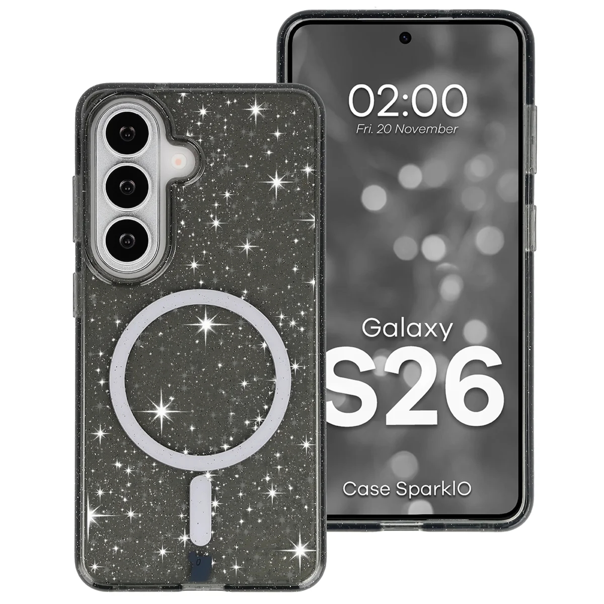 Etui brokatowe z pierścieniem magnetycznym Bizon Case SparklO do Galaxy S26, przezroczysto-czarne z brokatem