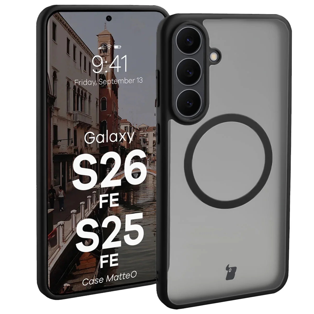 Etui z pierścieniem magnetycznym + szkło hartowane Bizon MatteO Pack do Galaxy S26 FE / S25 FE, przydymione-czarne