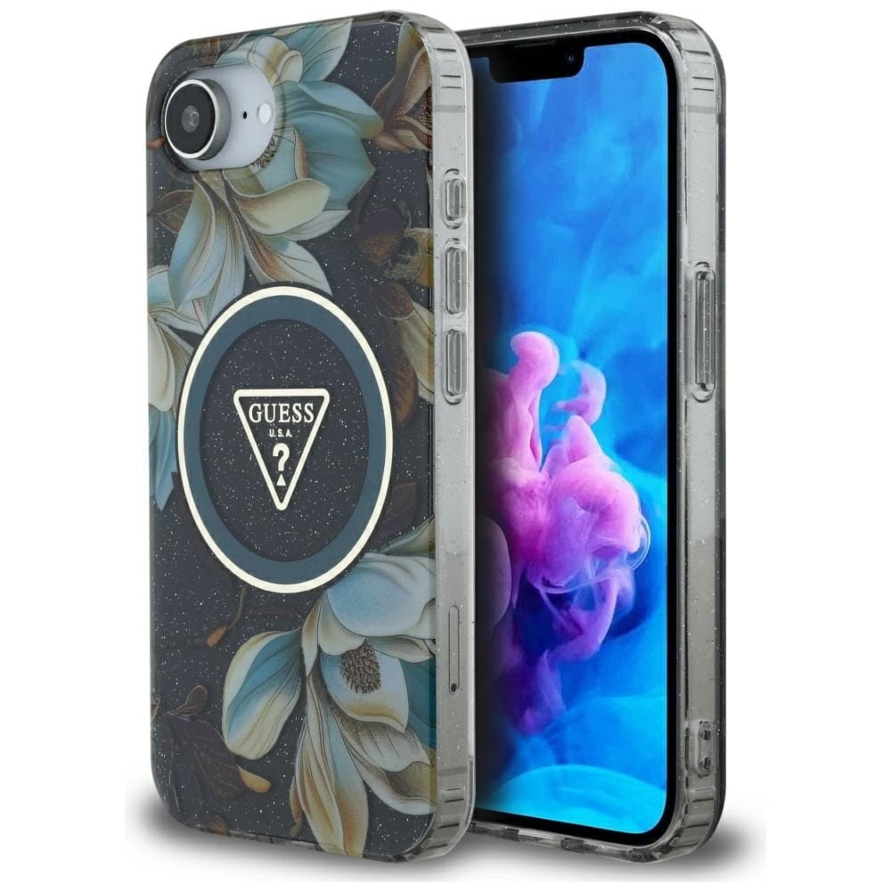 Etui Guess Glitter Flowers Triangle Buttons do MagSafe do iPhone 17e / 16e, czarne z kwiecistym wzorem
