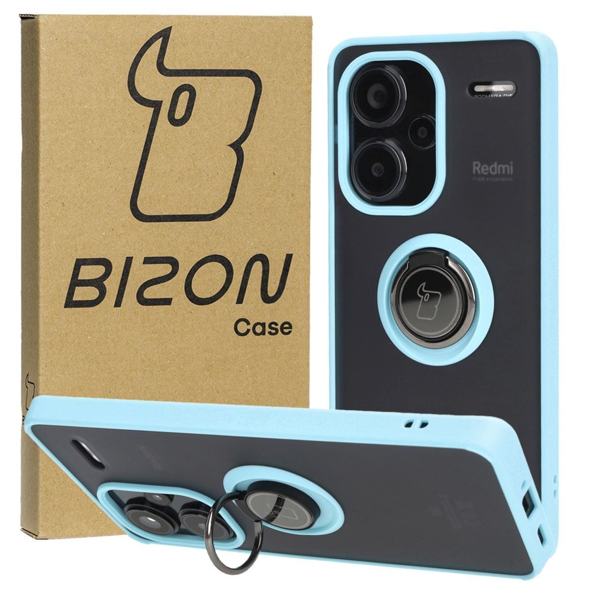 Image of Etui z uchwytem na palec Bizon Case Hybrid Ring do Xiaomi Redmi Note 13 Pro+ 5G, przydymione z jasnoniebieską ramką