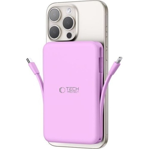 Image of Powerbank z ładowaniem indukcyjnym do MagSafe, Qi, 10000mAh 15W z wbudowanymi kablami USB-C i Lightning, Tech-Protect PB31 LifeMag, fioletowy