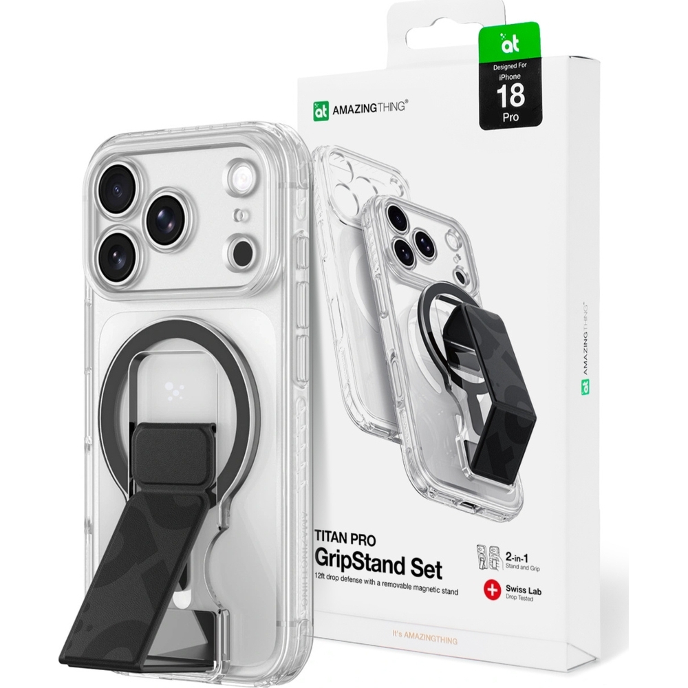 Etui AmazingThing Titan Pro Lens Stand Set do iPhone 18 Pro, przezroczyste