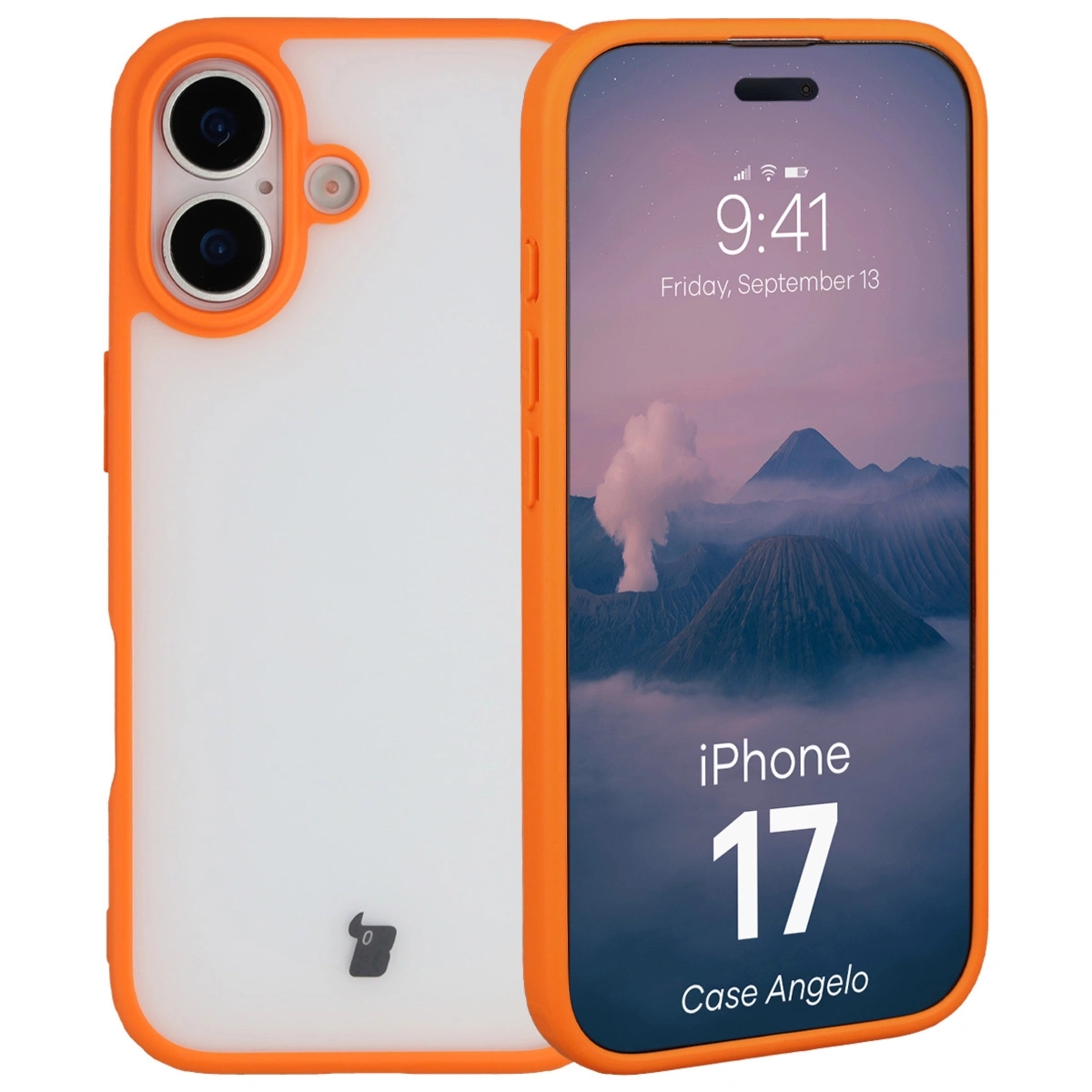 Etui Bizon Case Angelo do iPhone 17, półprzezroczyste z pomarańczową ramką