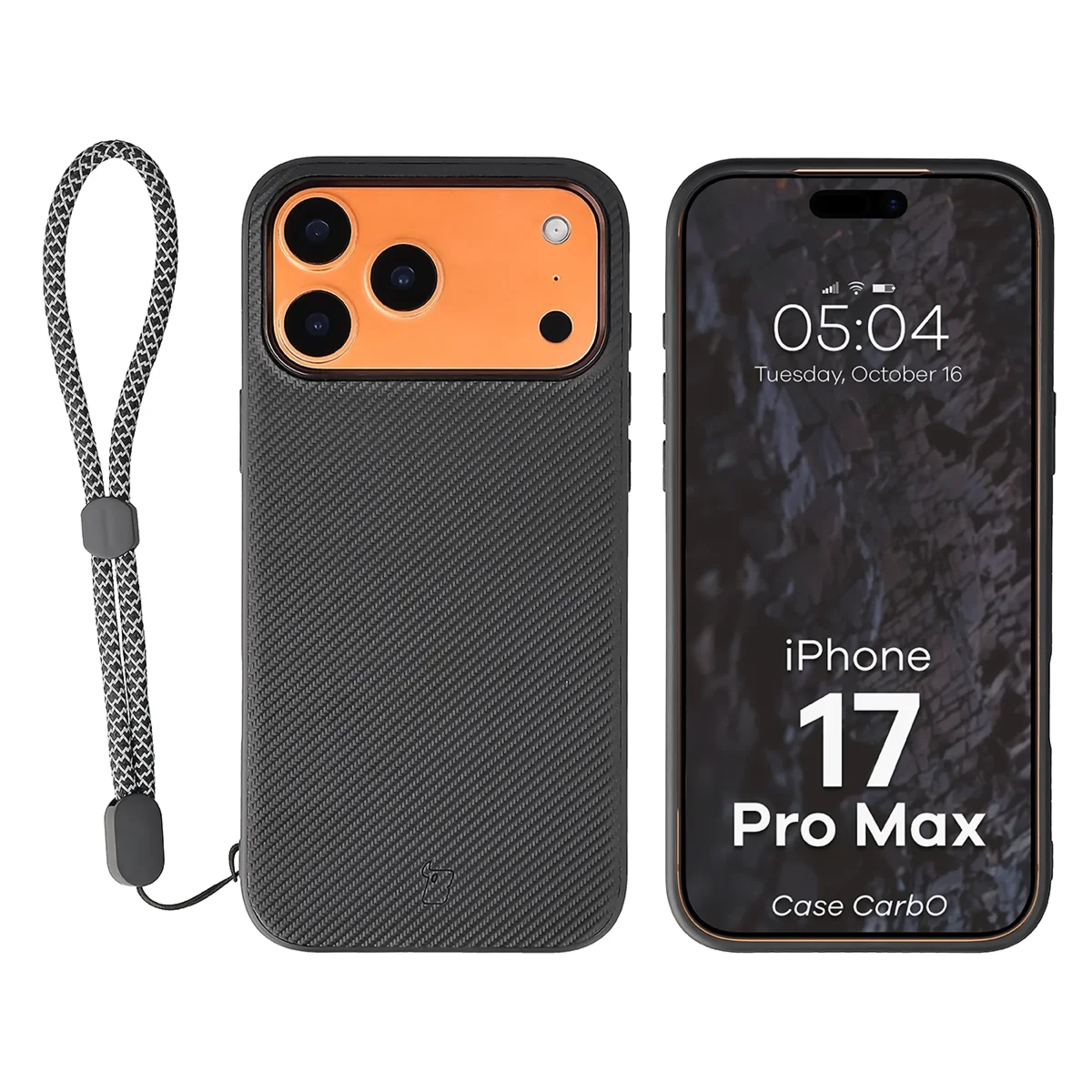 Etui ze smyczką na nadgarstek i pierścieniem magnetycznym Bizon Case CarbO do iPhone 17 Pro Max, czarne