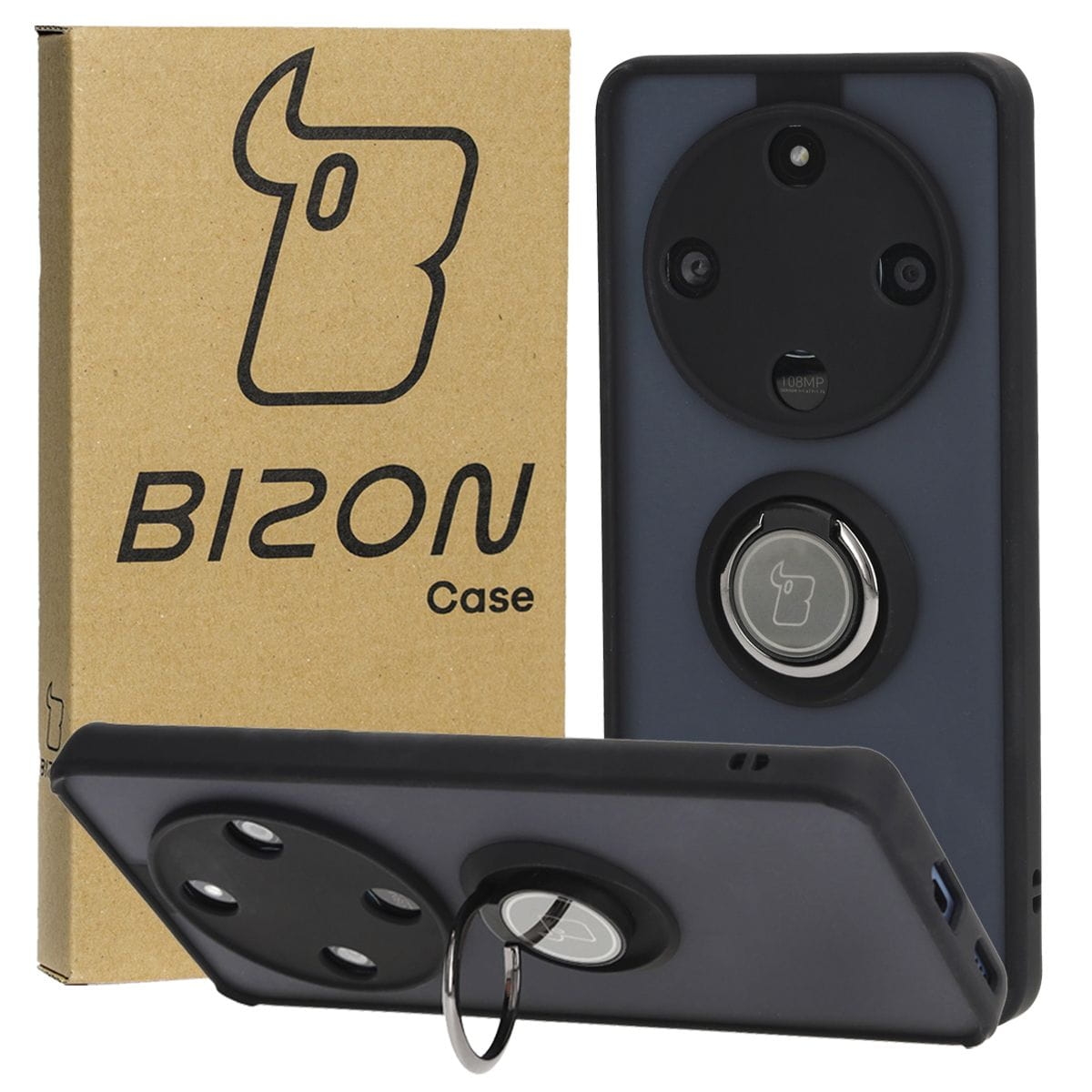 Image of Etui z uchwytem na palec Bizon Case Hybrid Ring do Honor Magic6 Lite, przydymione z czarną ramką