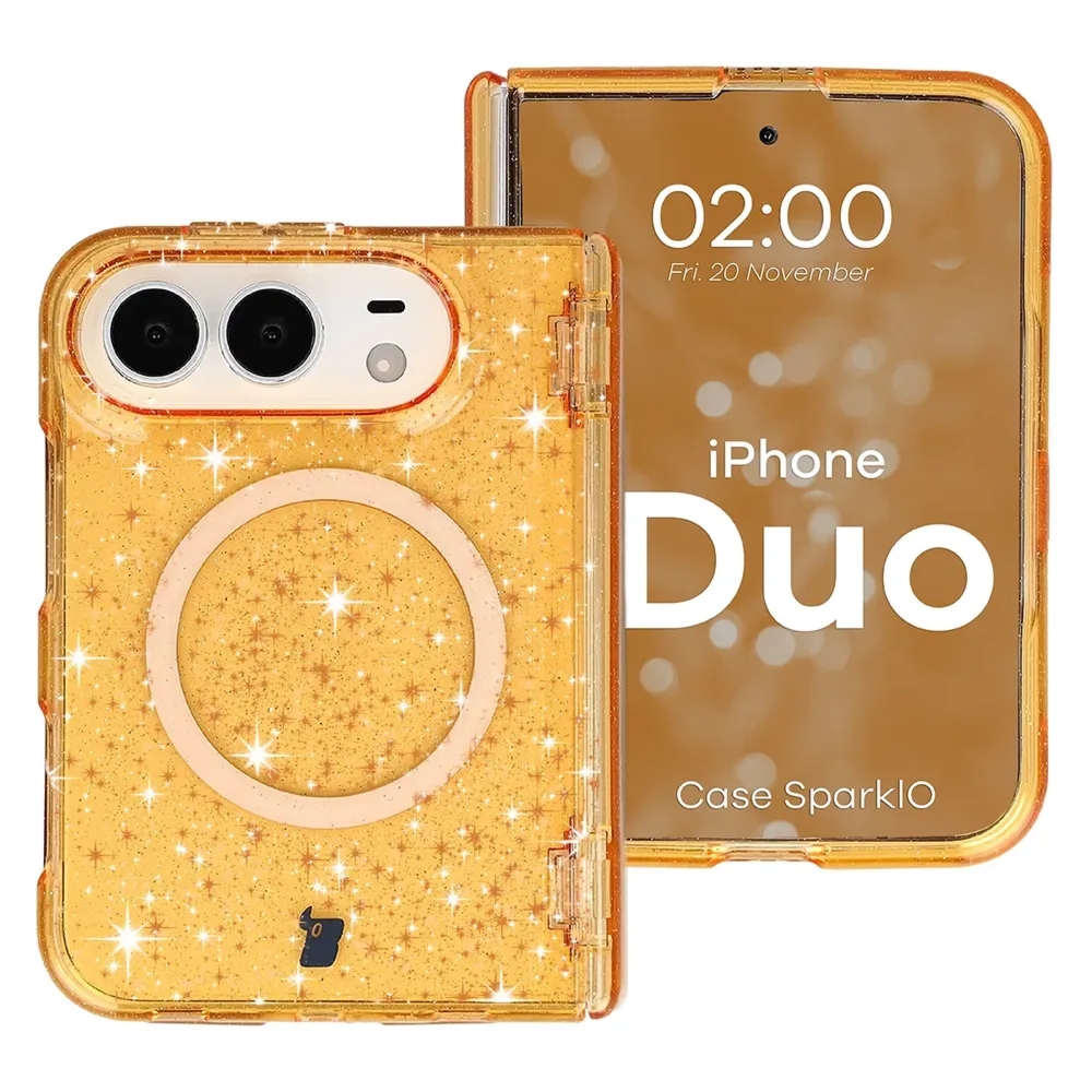 Etui brokatowe z pierścieniem magnetycznym Bizon Case SparklO do iPhone Duo, przezroczysto-pomarańczowe z brokatem