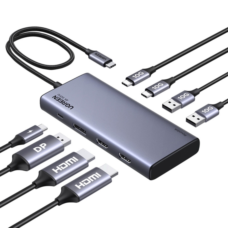 Hub 8w1 Ugreen CM639, 2x HDMI 4K/60Hz, 1x DP 4K/60Hz, 2x USB-A, 3x USB-C, PD 100W, 10 Gb/s, czarno-srebrny