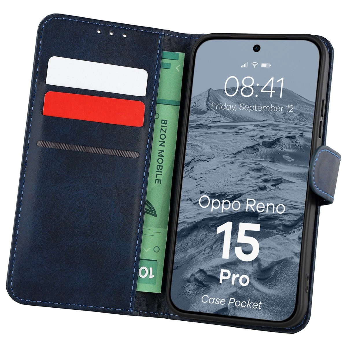 Etui z klapką Bizon Case Pocket do Oppo Reno 15 Pro, granatowe