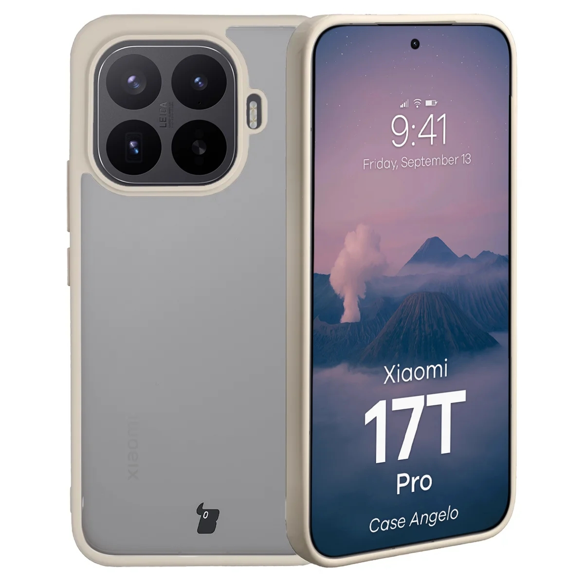 Etui Bizon Case Angelo do Xiaomi 17T Pro, półprzezroczyste z beżową ramką