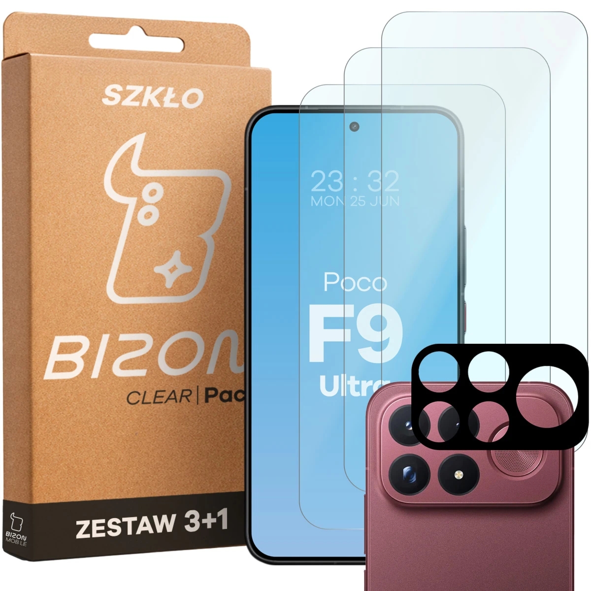 3x Szkło hartowane + szybka na aparat Bizon Glass Clear Pack do Xiaomi POCO F9 Ultra