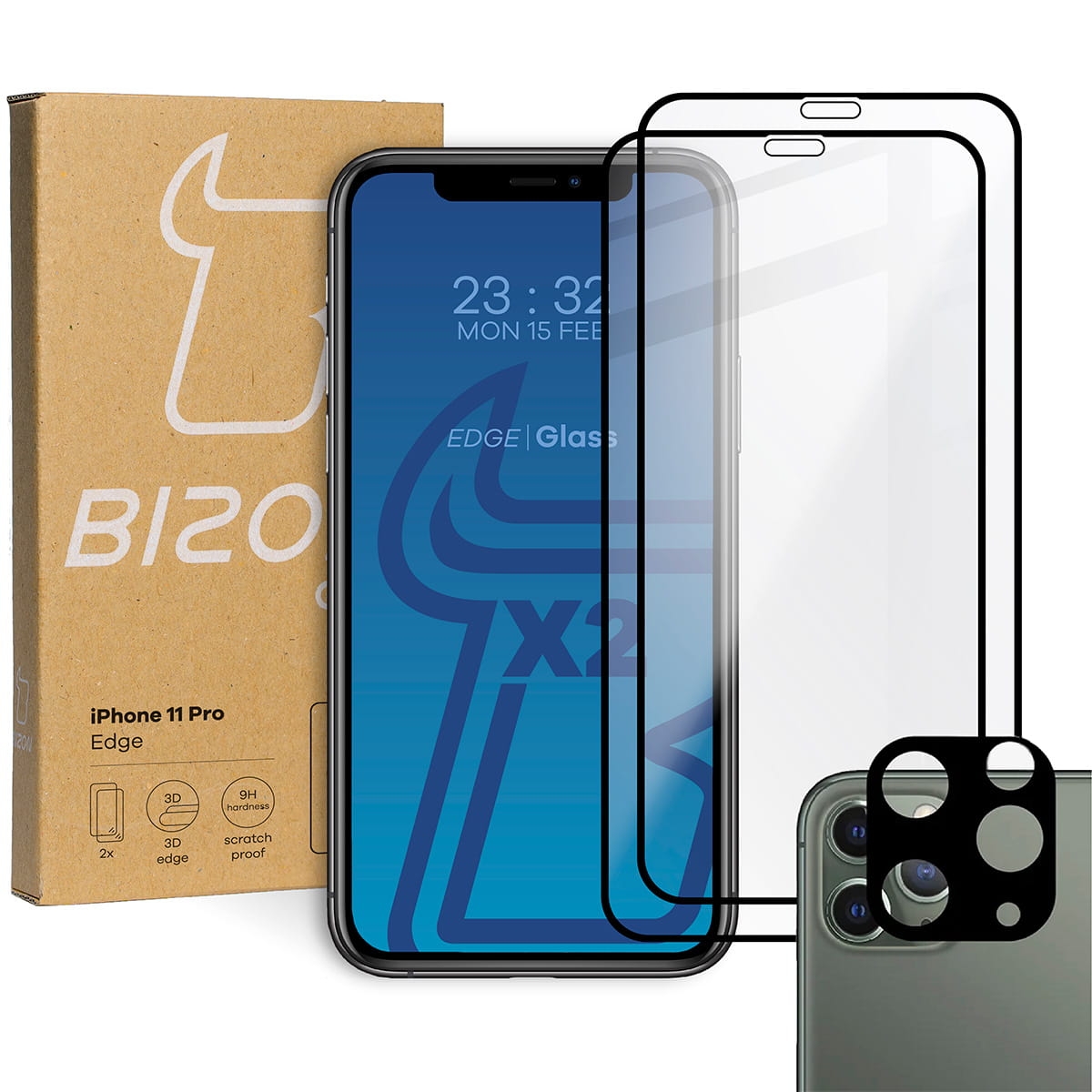 Image of 2x Szkło + szybka na aparat Bizon Edge Pack, iPhone 11 Pro, czarne