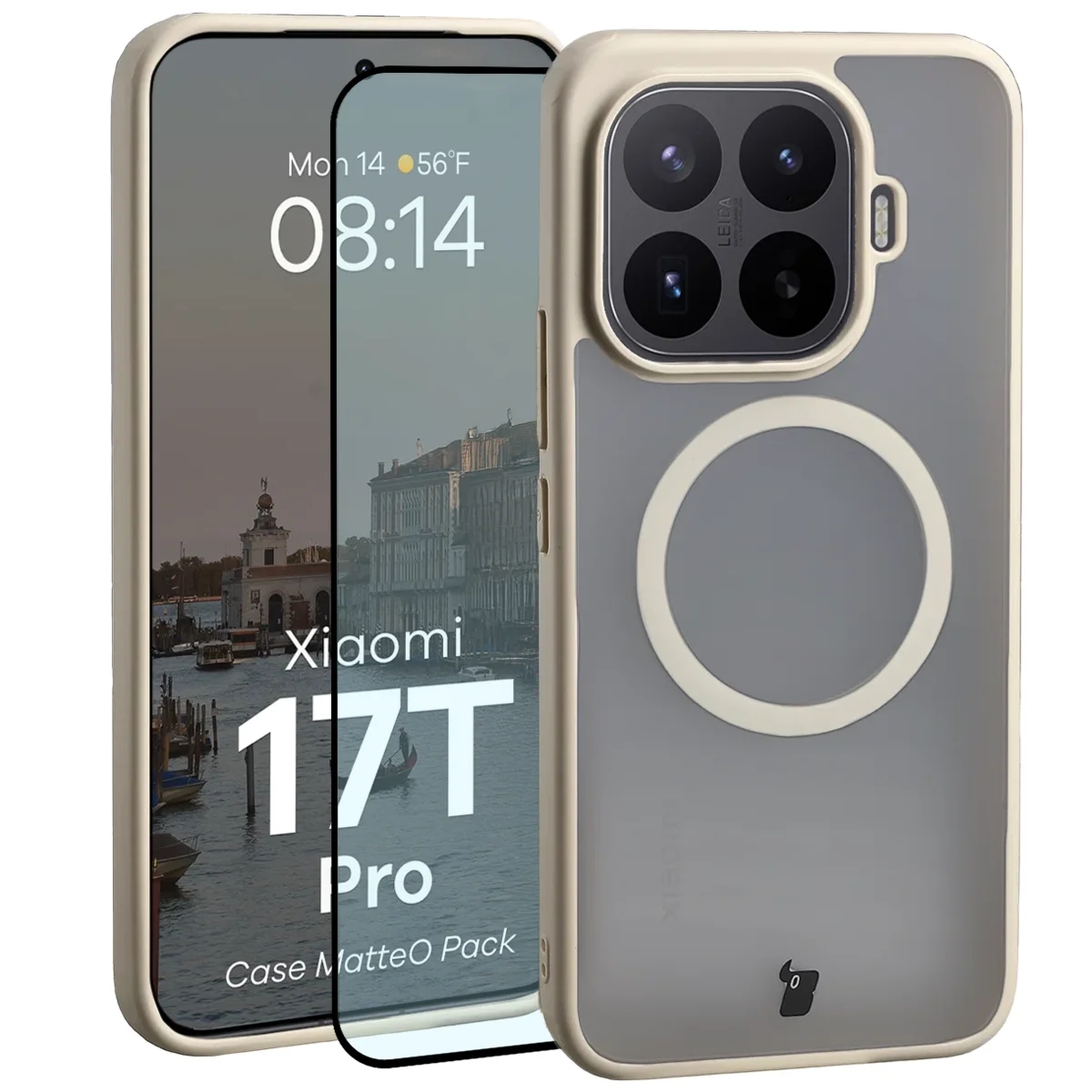 Etui z pierścieniem magnetycznym + szkło hartowane Bizon MatteO Pack do Xiaomi 17T Pro, przydymione-beżowe