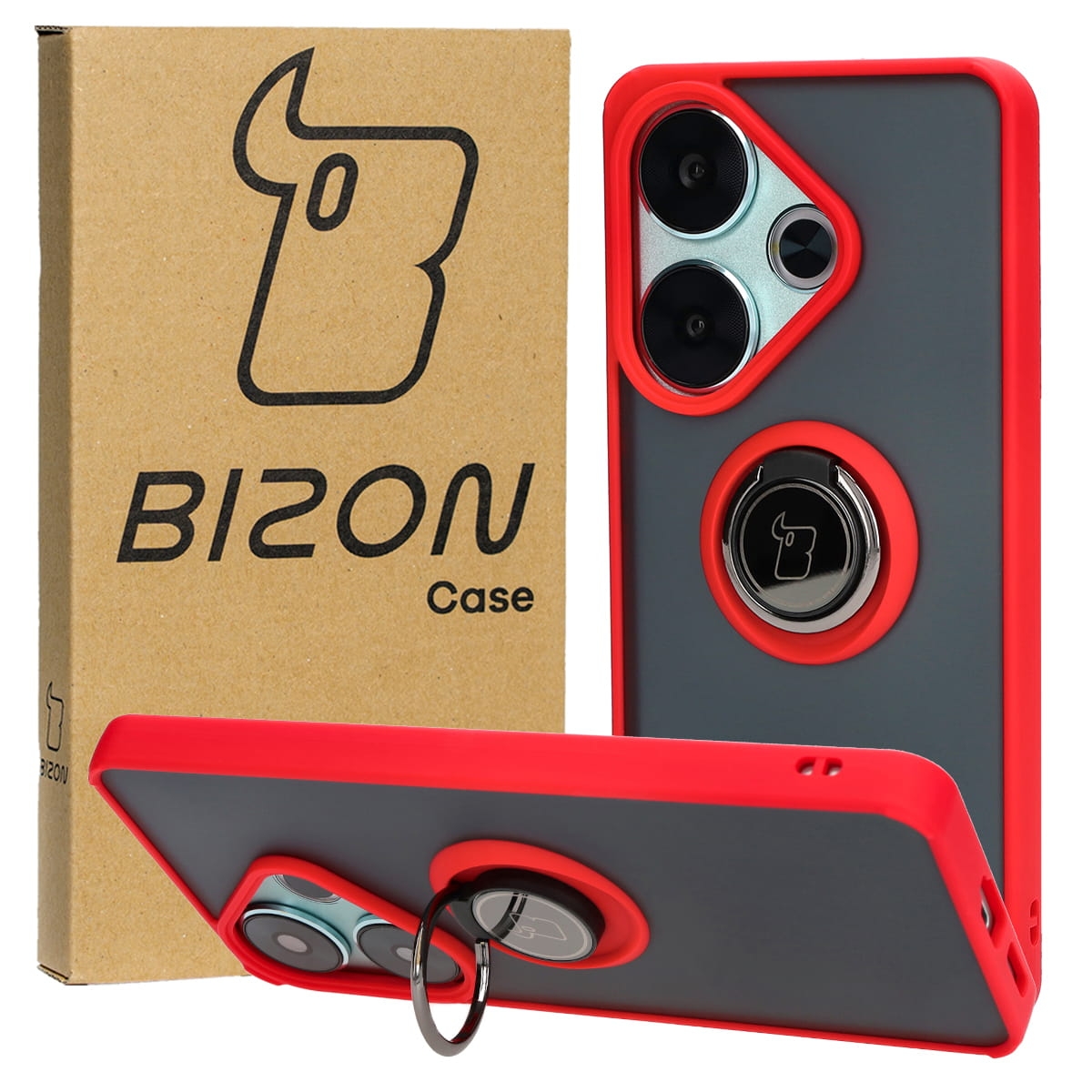Image of Etui z uchwytem na palec Bizon Case Hybrid Ring do Xiaomi Poco F6, przydymione z czerwoną ramką
