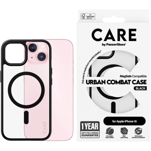 Image of Etui CARE by PanzerGlass Urban Combat Case MagSafe do iPhone 15, przezroczyste z czarnym