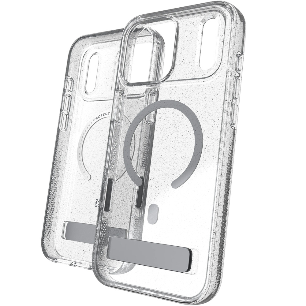 Etui ZAGG Milan Snap Kickstand do MagSafe do iPhone 18 Pro / 17 Pro, przezroczysto-srebrne z brokatem