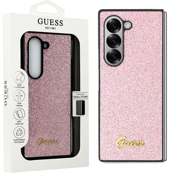 Image of Etui Guess Hardcase Glitter Script do Galaxy Z Fold6, różowe