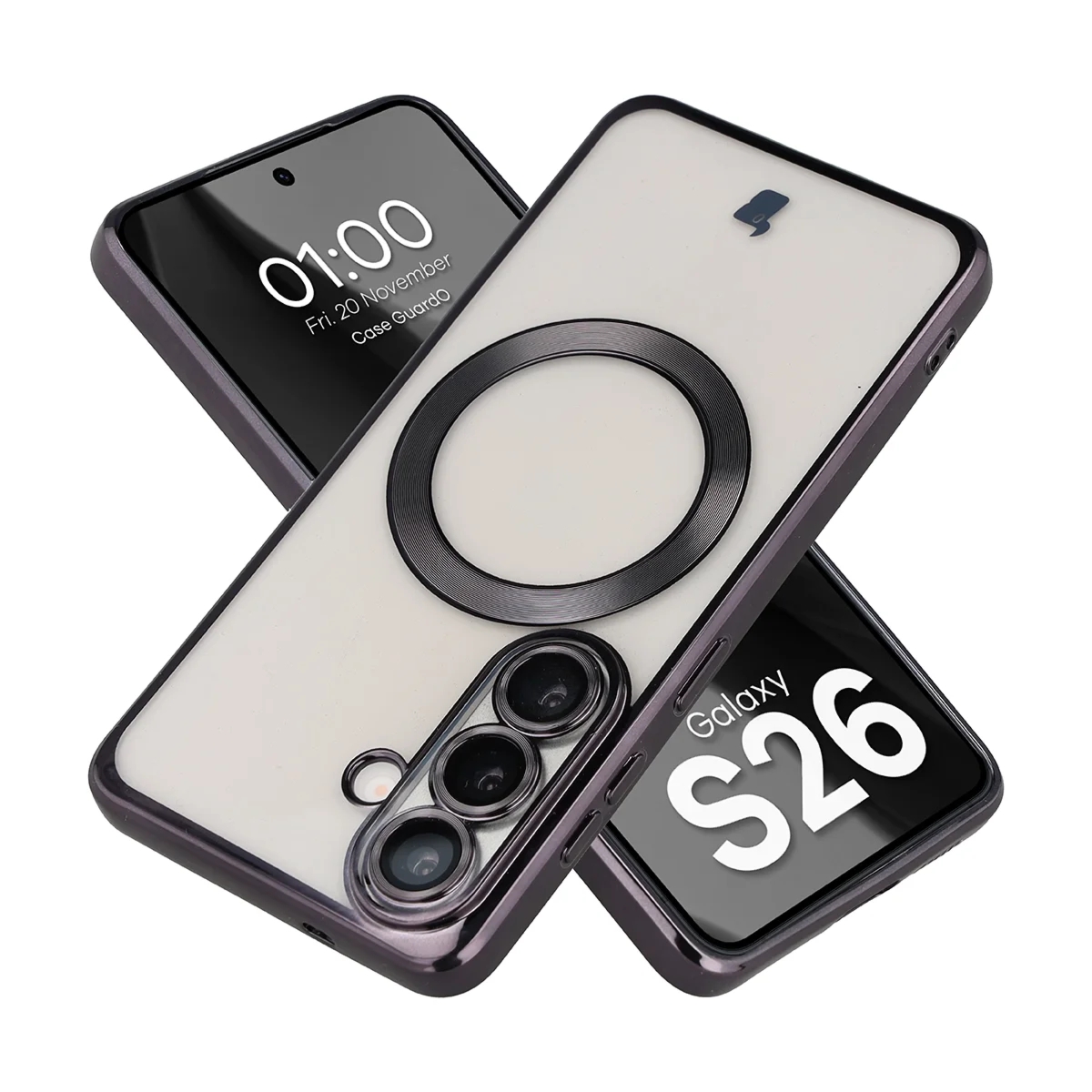 Etui z ochroną aparatu i pierścieniem magnetycznym Bizon Case GuardO do Galaxy S26, przezroczysto-czarne
