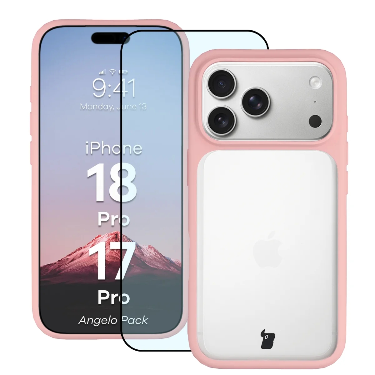 Etui + szkło hartowane Bizon Angelo Pack do iPhone 18 Pro / 17 Pro, półprzezroczyste z jasnoróżową ramką