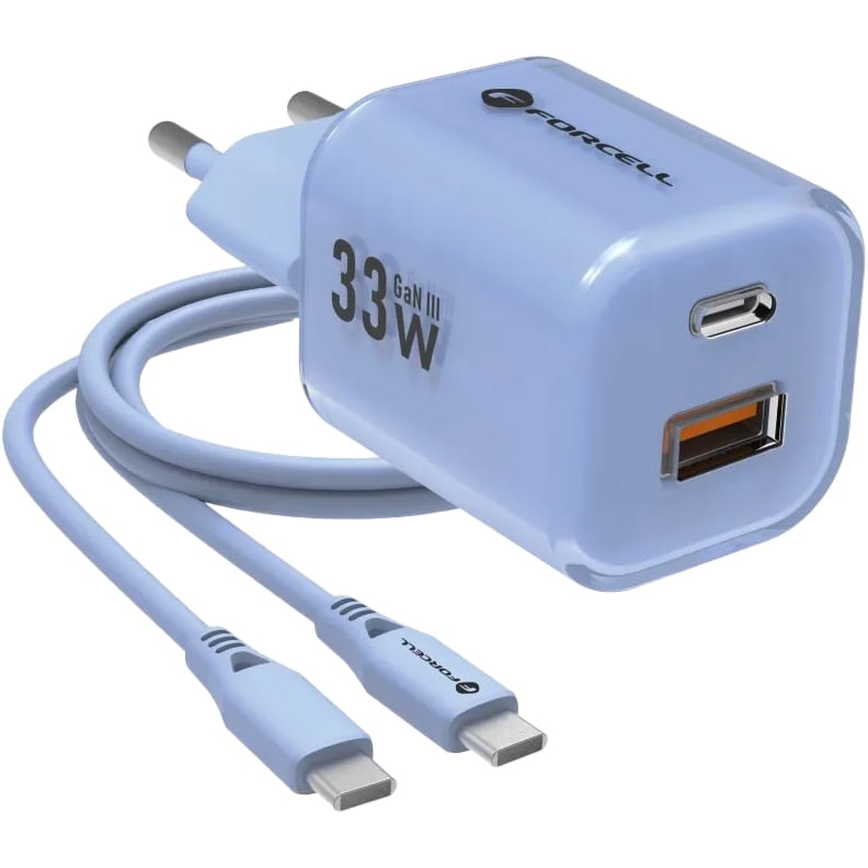 Ładowarka sieciowa GaN3 USB-C PD, USB-A QC 4.0, 33W, Forcell Wall Charger, kabel USB-C, niebieska