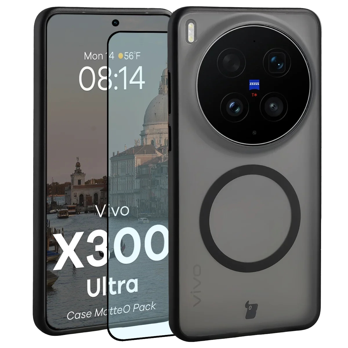 Etui z pierścieniem magnetycznym + szkło hartowane Bizon MatteO Pack do Vivo X300 Ultra, przydymione-czarne