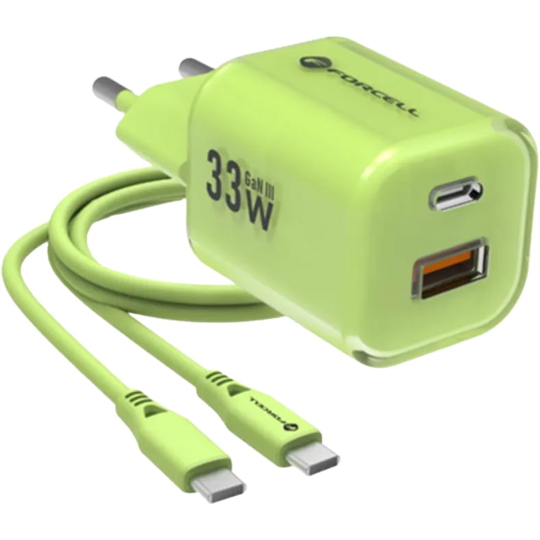 Ładowarka sieciowa GaN3 USB-C PD, USB-A QC 4.0, 33W, Forcell Wall Charger, kabel USB-C, jasnozielona