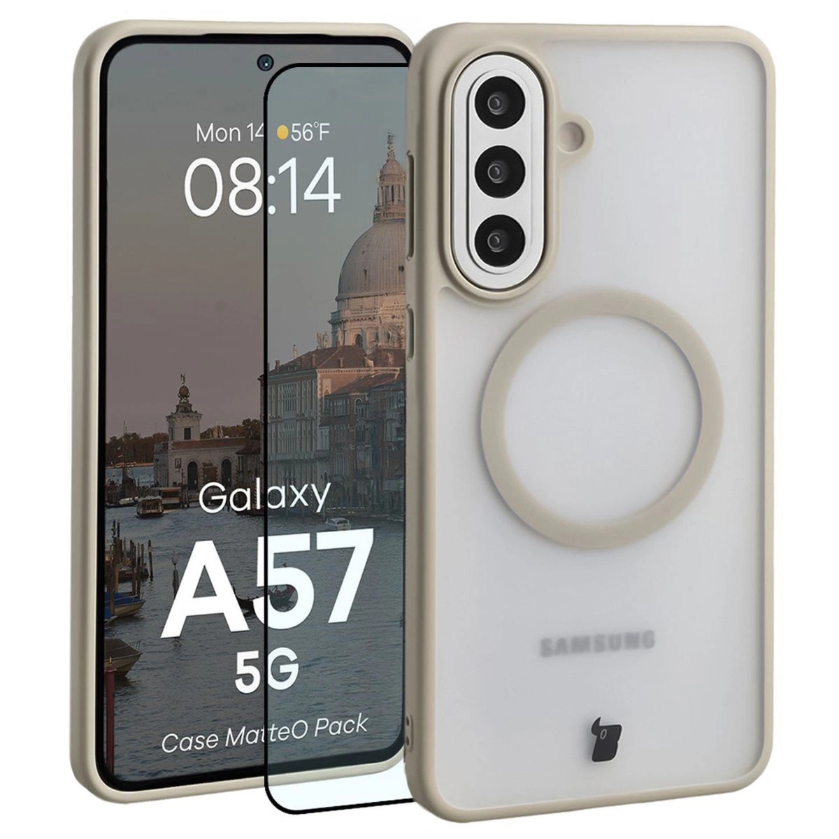 Etui z pierścieniem magnetycznym + szkło hartowane Bizon MatteO Pack do Galaxy A57 5G, przydymione-beżowe