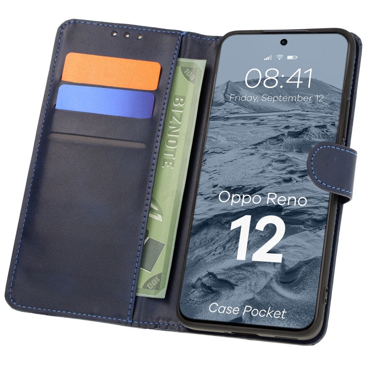 Etui z klapką Bizon Case Pocket do Oppo Reno 12, granatowe
