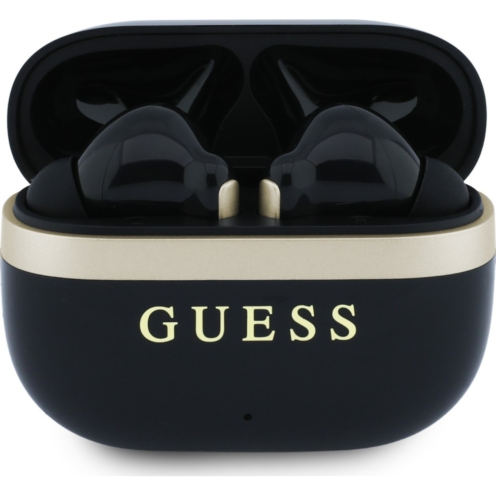 Bezprzewodowe słuchawki douszne Guess TWS Glossy Gold LinePrinted Classic Logo ze stacją ładującą, Bluetooth 6.0, czarne