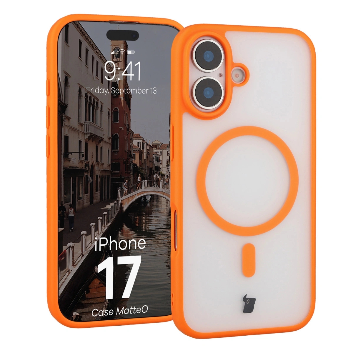 Etui z pierścieniem magnetycznym Bizon Case MatteO do iPhone 17, przydymione-pomarańczowe